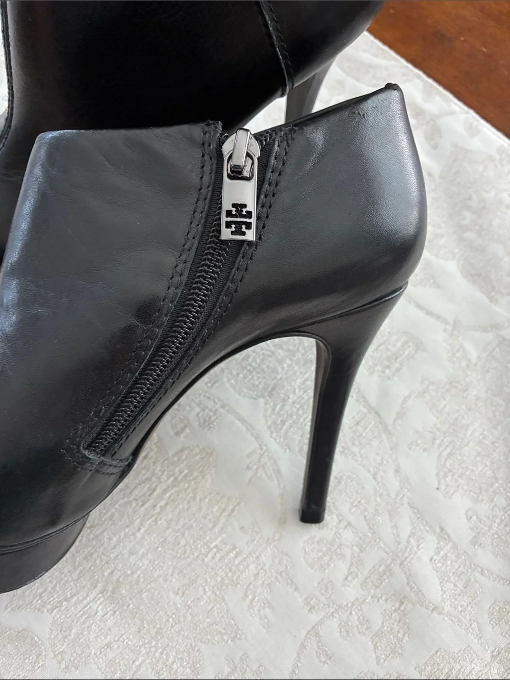 Tory Burch Classic Black Leather High-Heel Ankle Booties with Side Zip
